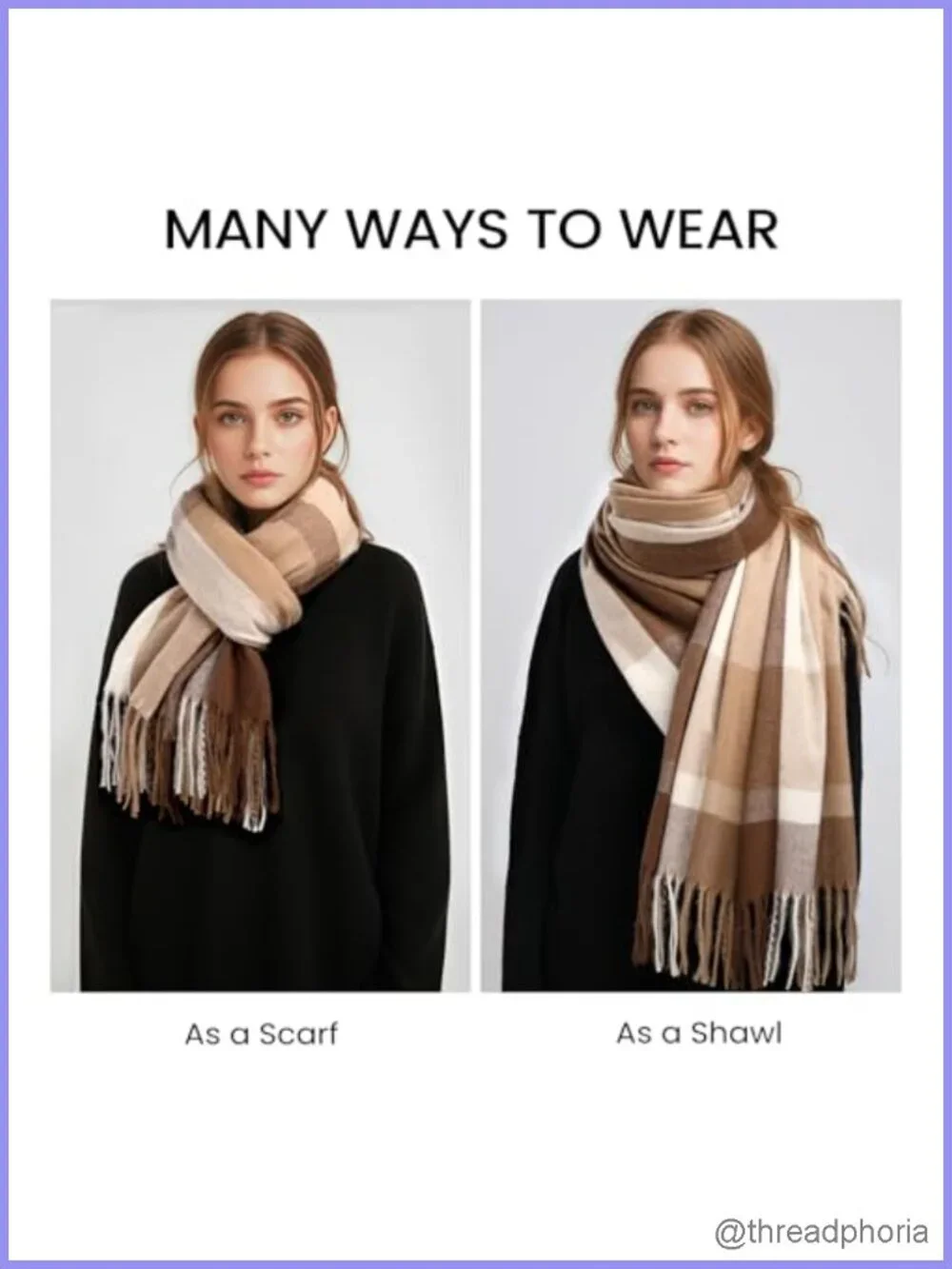 Womens Plaid Blanket Scarf, Cozy Pashmina Shawl Wrap, Soft Cashmere Feel,
